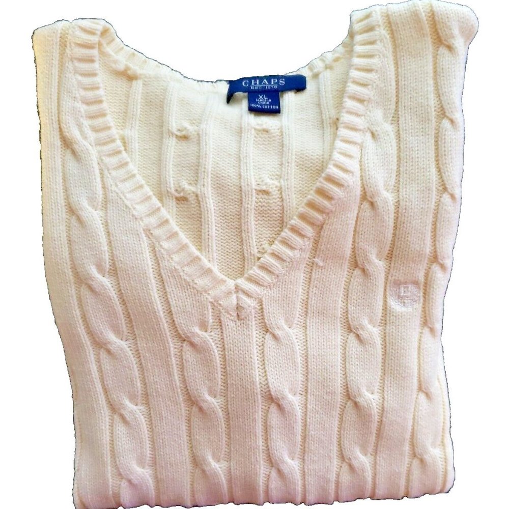 Chaps Women Ivory Cable Knit Classic Cotton Pullover V Neck Sweater XL